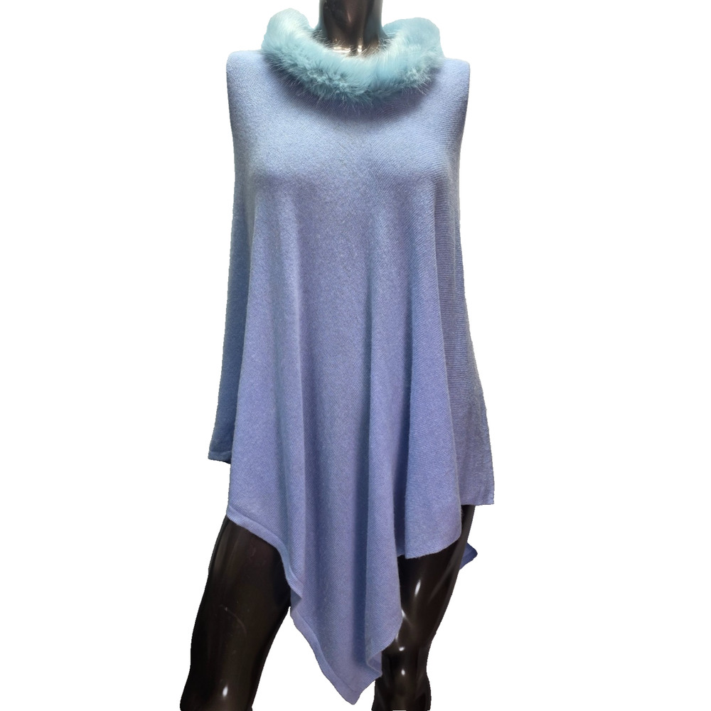 La Marey Poncho Scarf Women's Light Blue 100% Cashmere Faux Fur Trim Shawl NWT